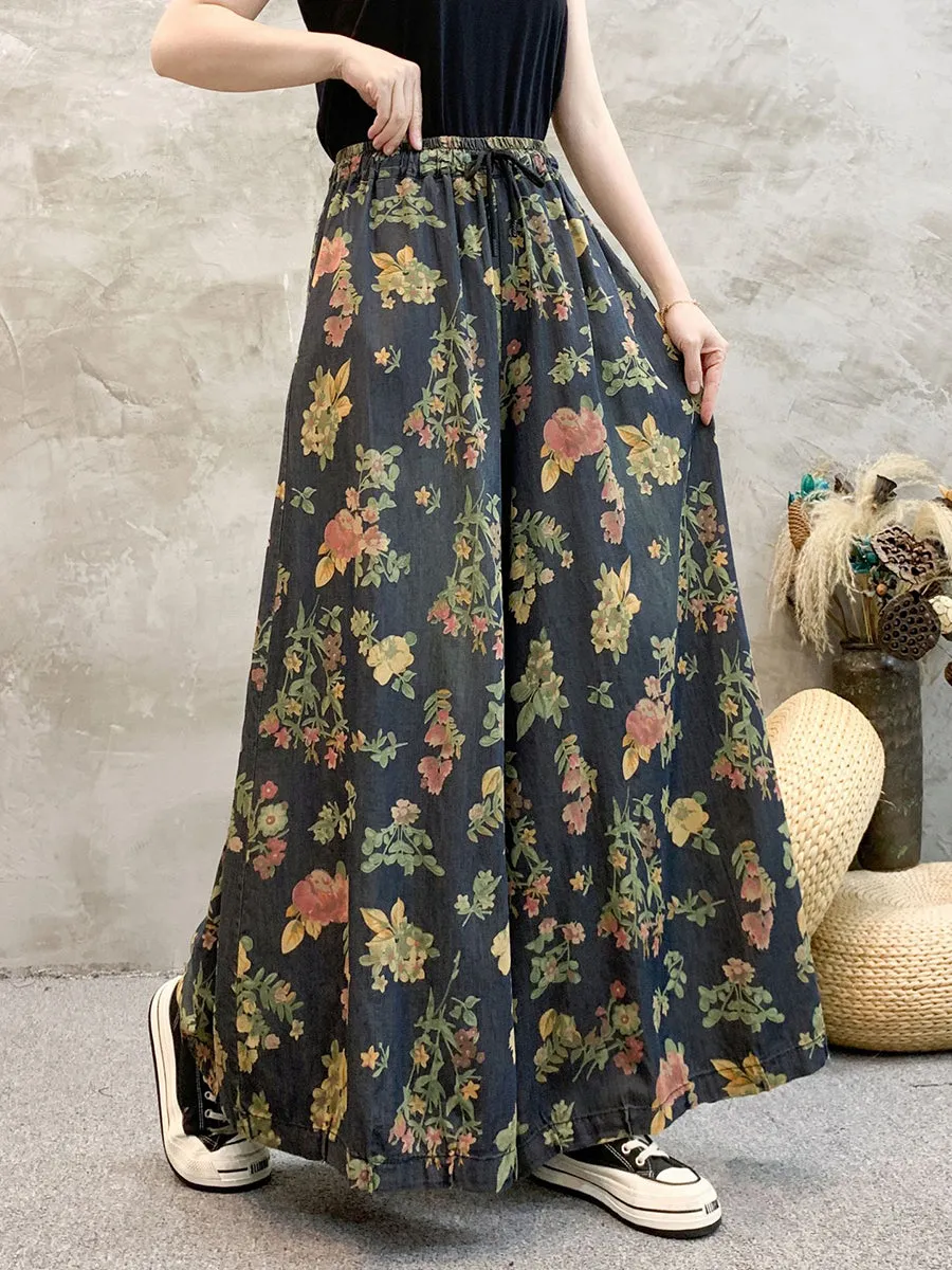 Women Floral Denim Wide-leg Pants