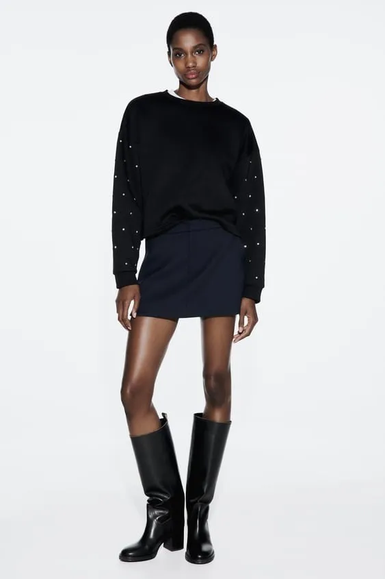 ZARA U-Neck Long Sleeves Hoodies & Sweatshirts with Jewels