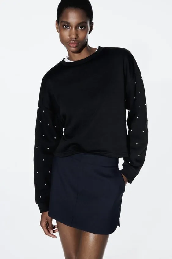 ZARA U-Neck Long Sleeves Hoodies & Sweatshirts with Jewels