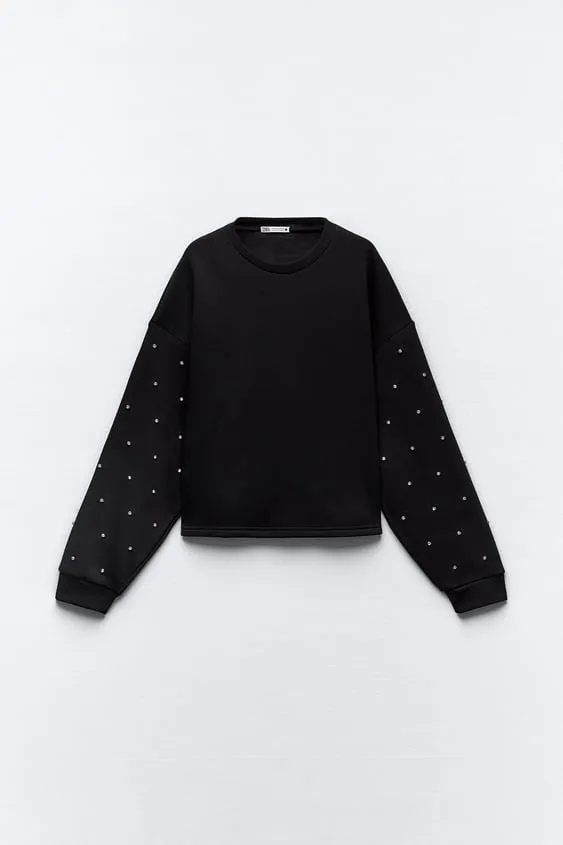 ZARA U-Neck Long Sleeves Hoodies & Sweatshirts with Jewels