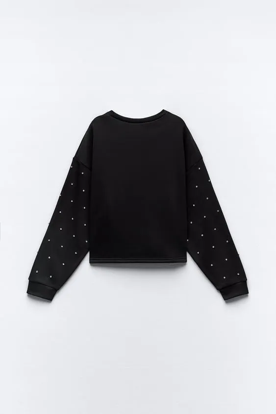 ZARA U-Neck Long Sleeves Hoodies & Sweatshirts with Jewels